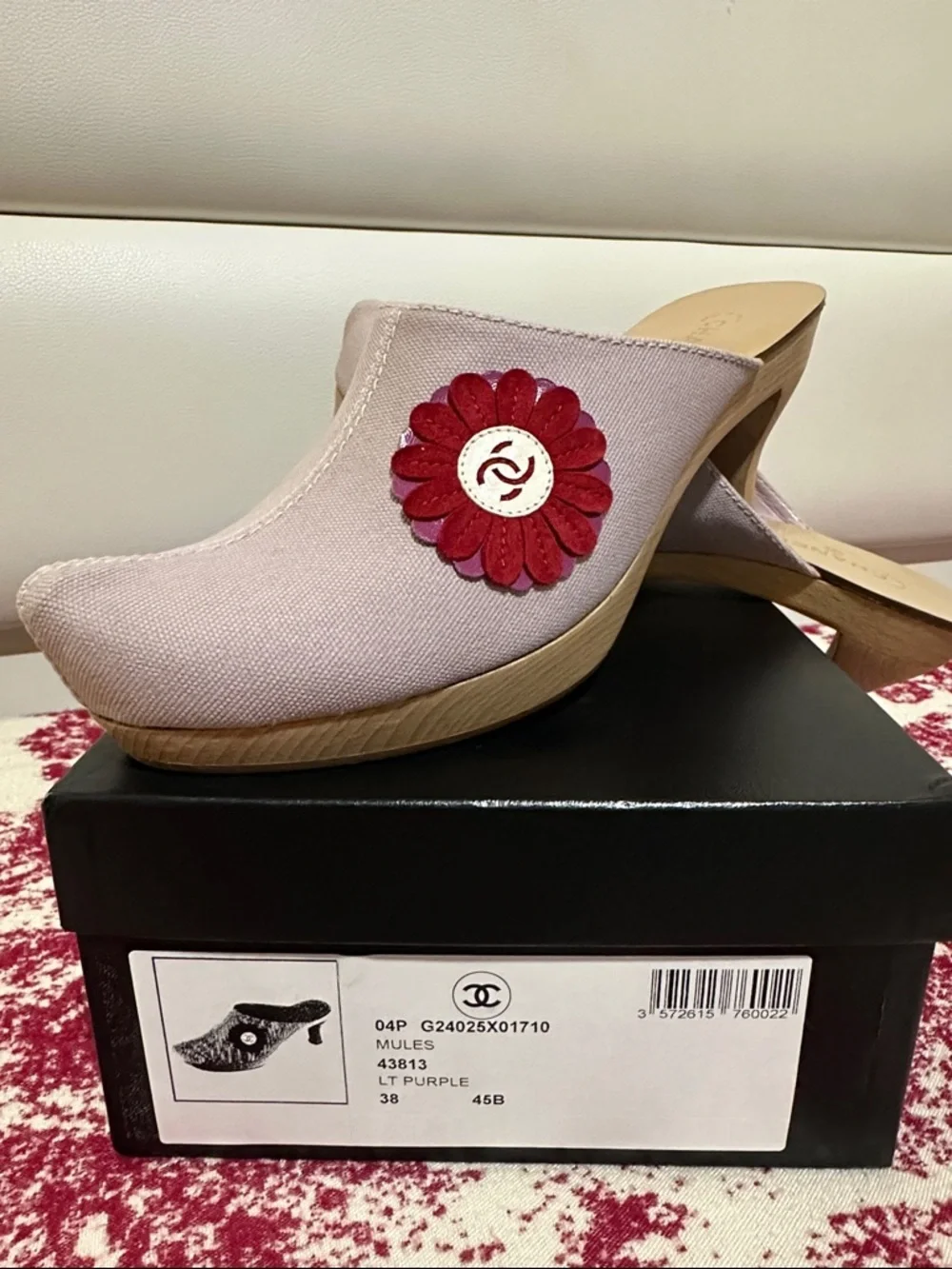 CHANEL Light Purple Canvas Mules with Red Flower Accent